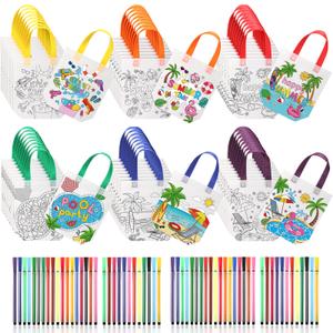 Vincreem 54 Pcs Summer Coloring Goodie Bags with 60 Pcs Colorful Markers Non Woven Coloring Color Your Own Reusable Party Favor Bags for Holiday DIY Painting, 6 Styles