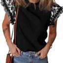 SELINK Womens Summer Ruffle Short Sleeve Top Crewneck T Shirts Floral Trim Casual Blouses (Large, Black)