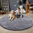 OLANLY Light Grey Round Rugs for Bedroom - Machine Washable, 4 ft Circle Area Rugs for Living Room, Soft and Fluffy Shaggy Carpet for Teen Girls and Boys, Nursery Rooms, Dorms, Home Decor Aesthetic