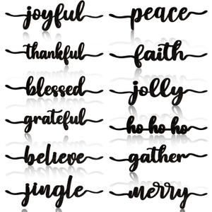 12 Pieces Christmas Word Wood Cutout Joyful Merry Thankful Grateful Blessed Peace Gather Word Sign Christmas Plate Cutout Rustic Merry Signs for Home Table Plate Decoration (Classic Style, Black)