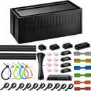 Cable Box - [142Pcs] Cable Management Kit, Medium Cord Hider Box to Conceal Power Strip Holder on Desk or Floor, Under Desk Cable Management Kit Cable Organizer Box, TV Cord Organizer Box, Black