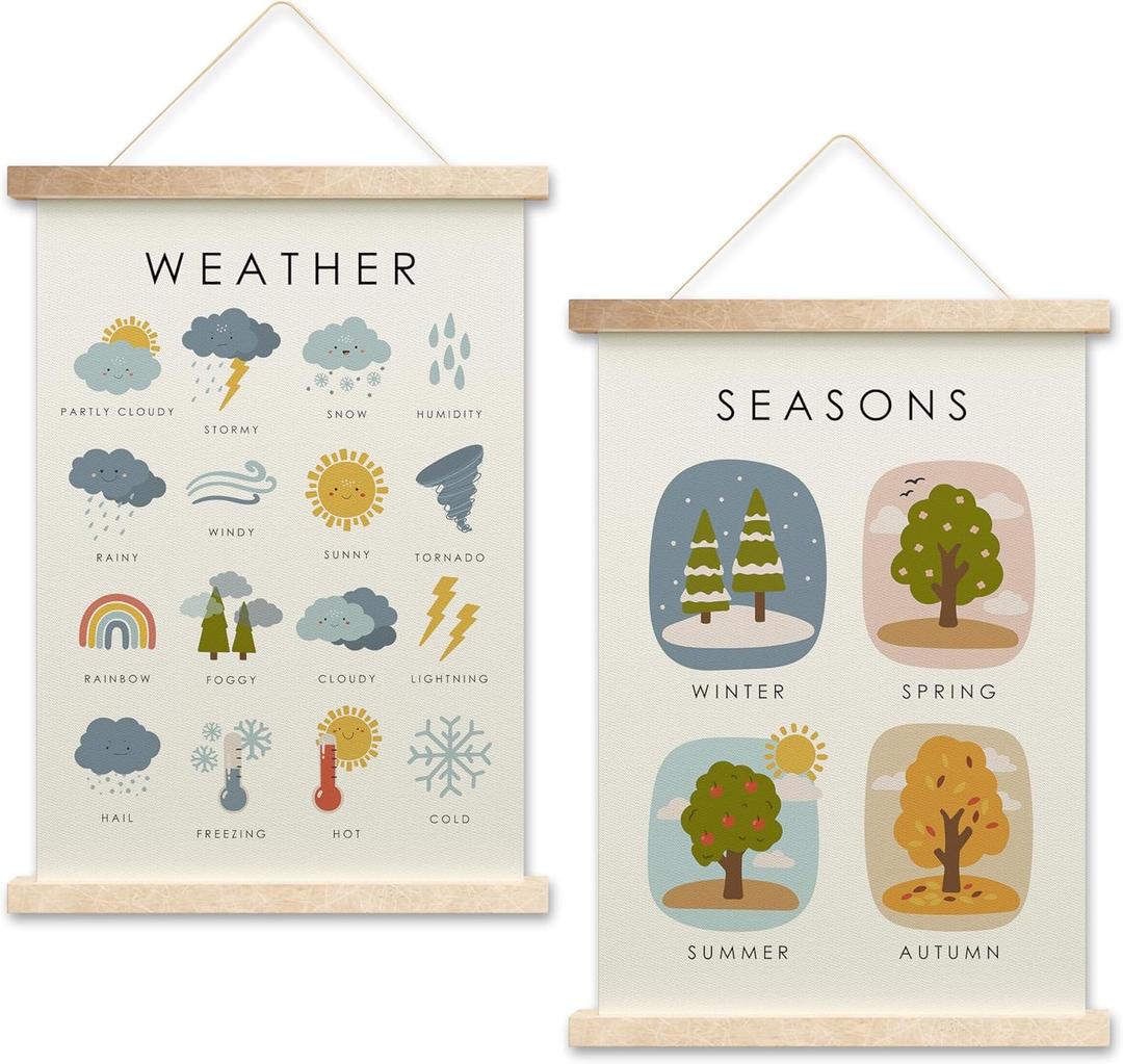 Weather Poster Hanging Flag, Four Seasons Canvas Wall Art For Playroom Homeschool Preschool, Nursery Learning Poster Hanger, Set Of 2 Educational Posters For Toddlers, Boho Classroom Decor
