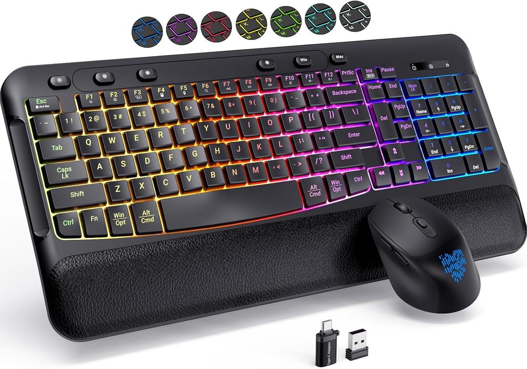 Ergonomic Wave Wireless Keyboard Mouse Combo, 9 RGB Backlit, Silent Keys