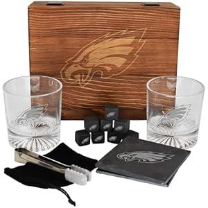 The Memory Company Licensed NFL Wood Boxed Drinkware Gift Set - Includes 2 Premium Rock Glasses, Cooling Cubes, Tongs, and Coasters, Philadelphia Eagles