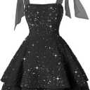 Miao Duo Women's Sparkly Sequin Christmas Dresses with Bow for Teens Short Spaghetti Strap Cocktail Prom Evening Dress for Juniors Black 00