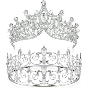 Junkin 2 Pcs Crowns for Men Women Baroque Queen Crown King Prince Tiara Princess Crystal Headband Rhinestone Prom Party (Silver)