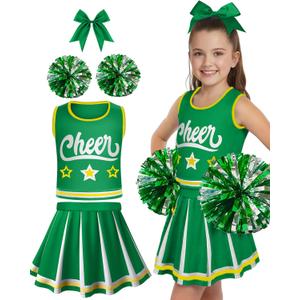 JenPen Cheerleader Costume for Girl, Cute Cheerleading Outfit Cheer Leader Dress for Halloween Cheerleader Gifts (5-7 Year, Green)