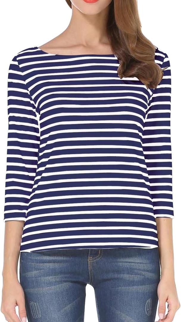 Tulucky Women's Casual Long Sleeve Shirts Stripe Tees Round Neck Tank Tops (Medium)