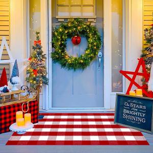 Ckorzen Red and White Plaid Rug, 3' x 5' Christmas Front Porch Outdoor Rug, Handwoven Cotton Washable Rug for Layered Door Mats, Holiday Entryway and Home Dcor