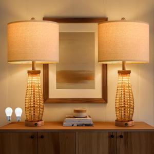 OYEARS 28" Table Lamps Set of 2 with Dual Night Lights, Bedside Lamps for Bedroom, Boho Lamp for Living Room, Rattan Table Lamp with Linen Shade, Farmhouse Lamp with Wood Grain Finish (Bulb Included)