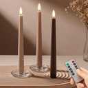 Brown Flameless Taper Candles with Remote, 9.6 Inches Real Wax Battery Operated Candles, 3 Pack Flickering LED Candlesticks, Tall Taper Fake Candles for Home, Wedding, Party