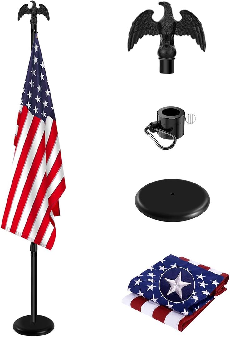 Indoor Flag Pole Kit with Base 6FT-8FT,Aluminum Commercial Indoor Flagpole & 360 Rotating Anti Wrap Ring,Adjustable Heavy Duty Flag Pole Kit for Office School with Black Eagle Topper (1Pack)