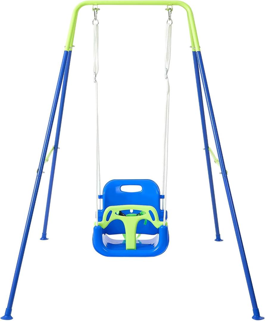 FUNLIO Toddler Swing with Foldable Metal Stand for Toddlers Aged 1~10 Years, 3-in-1 Baby Swing Set with 4 Sandbags for Backyard/Indoor/Outdoor Play, Easy to Assemble & Store - Bluegreen