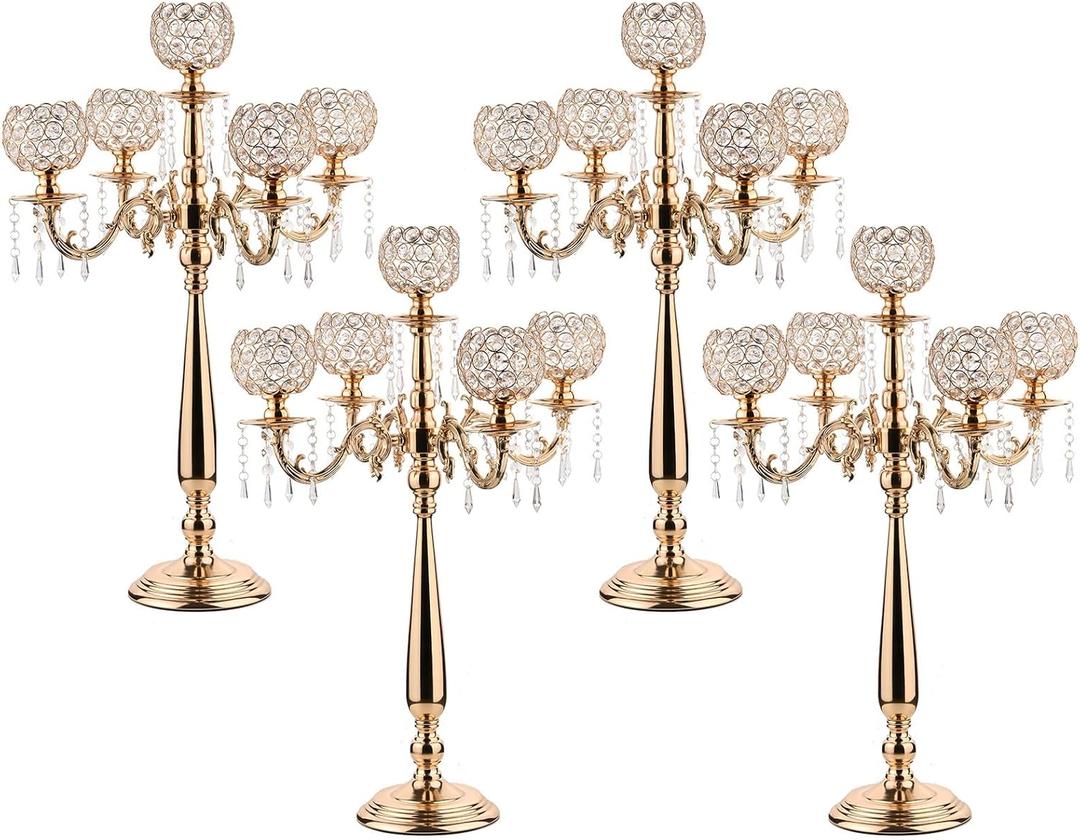 4 Packs 5 Arms Crystal Candelabra for Wedding Centerpiece, Gold Floor Candle Holder Set with Chandelier Crystal Beaded Anniversary Dinner Party Table Decor candelabros de mesa Elegantes Palace Themed