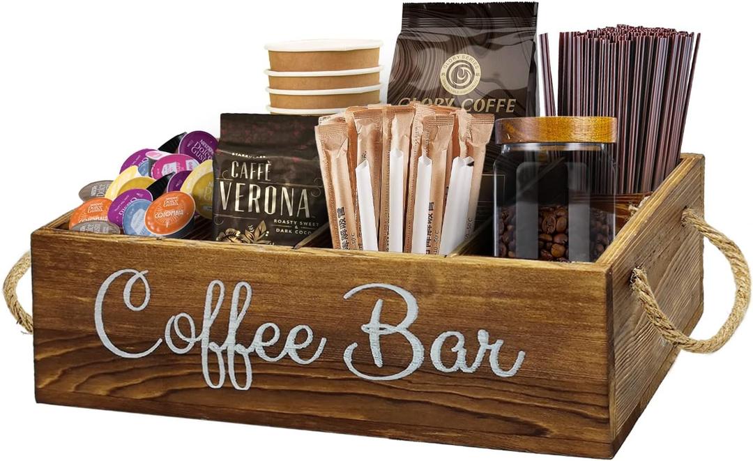 QUALLON Coffee Station Organizer with Small Removable Dividers, Wooden Coffee Bar Accessories Storage For Countertop, Farmhouse Kcup Coffee Pod Holder Basket With Handle For Coffee Lover