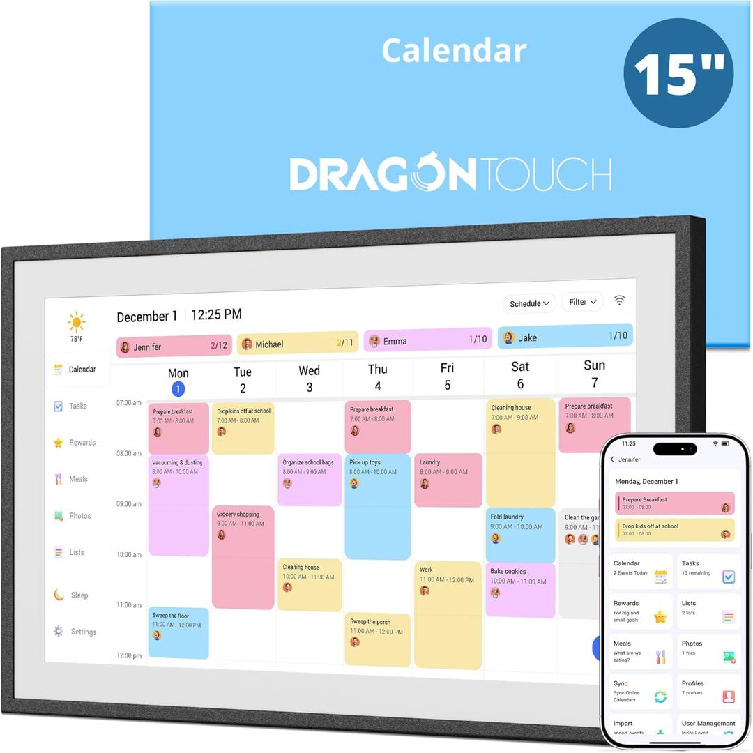 Dragon Touch 15.6" Digital Calendar Chore Chart  1080P Full HD Interactive Touchscreen, Smart Family Planner, Hearth Display Digital Calendar Wall & Desk Mountable for Seamless Scheduling Black