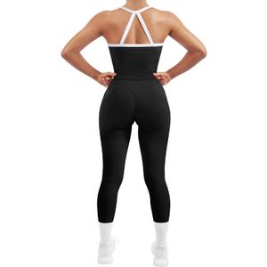 SUUKSESS Women 2 Piece Workout Sets Compression Tummy Control Leggings with Pockets Halter Built in Bra Tank Tops M
