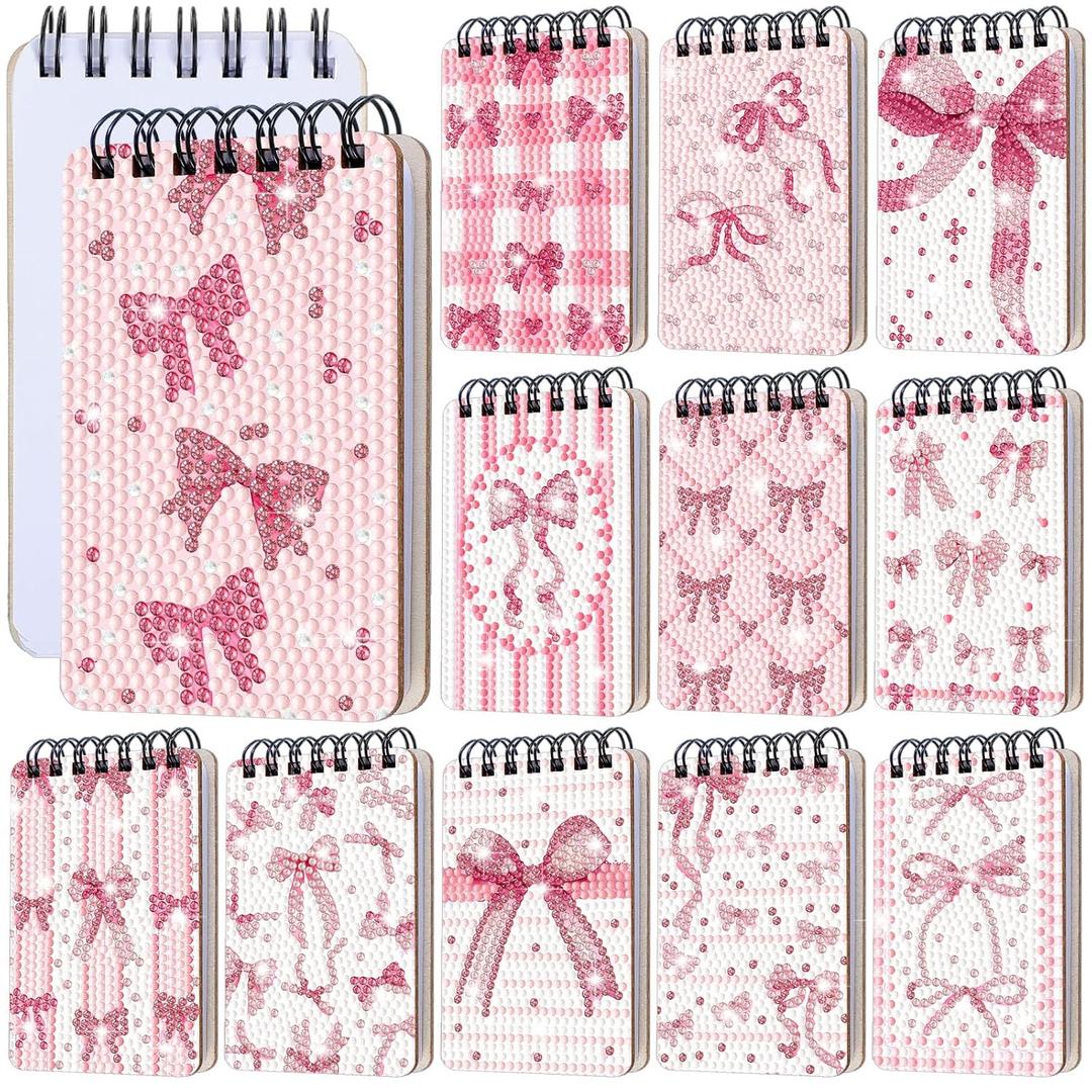 Fuyoooo 12 Pcs Pink Bow Diamond Art Notebook Kits for Adults DIY Coquette Bow Diamond Painting Notebook Gifts Valentine's Day Cover Notepad 5d Coquette Journal Art Crafts Accessories with Tools