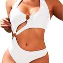Women One Piece Swimsuit Slimming Cutout Fashoin Swimwear Metal Ring Bathing Suit Female Beachwear (Large, White)