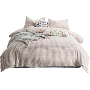 SUSYBAO Tan Gingham Duvet Cover Queen 100% Washed Cotton Beige Plaid Duvet Cover Set 3 Pieces Set 1 Soft Checkered Grid Duvet Cover with Zipper Ties 2 Pillowcases Luxury Farmhouse Gingham Bedding Set