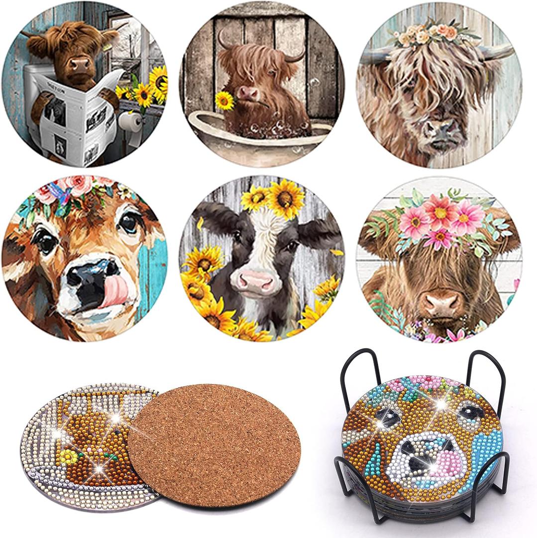 6PCS Diamond Painting Coaster with Holder, Farmhouse Cow Diamond Painting Art Coasters Kit, Highland Cattle DIY Drink Coaster with Cork Base Diamond Art Painting Coasters Kit for Adults Kids Beginners (Brown)
