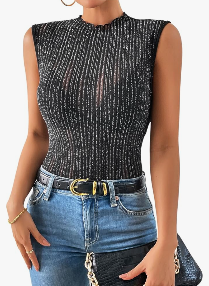 SOLY HUX Women's Sparkly Mock Neck Tank Top Sleeveless Lettuce Trim Elegant Party Tops L