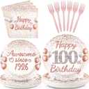 96 Pcs 100th Birthday Party Supplies for Women Rose Gold 100 Years Old Paper Plates and Napkins Tableware Set Disposable 100th Birthday Decorations for Women 100 Years Old Party Serves 24