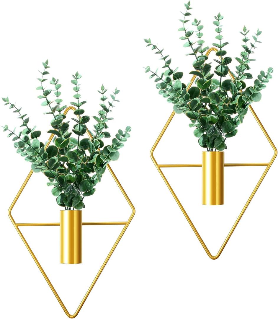 Canlierr 2 Pieces Gold Wall Decor Hanging Planters with Artificial Plants Metal Vase Indoor Plants Holder Modern Geometric Wall Art for Home Bathroom Bedroom Living Room Office(Eucalyptus,Medium)