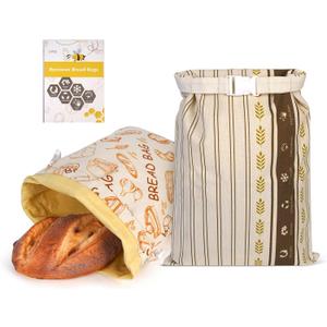 2 Pack Beeswax Bread Bags - Large Reusable Cotton Linen Food Storage Covers for Sourdough & Homemade Bread, Waxed Bags Keep Bread Fresh, Proofing Bag Freezer-Safe, Easy Clean (Brown)