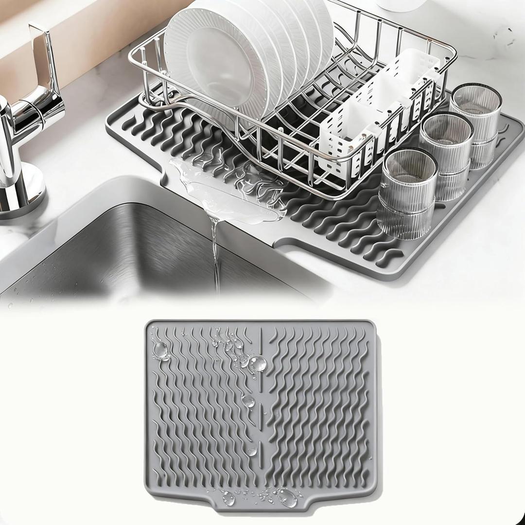 Silicone Sink Mat for Kitchen Countertops Kitchen Utensil Heat-Resistant Mat Silicone Dish Drain Mat Non-Slip Sink Mat Sloped Drainage Dish Drying Mat (Dark Gray)