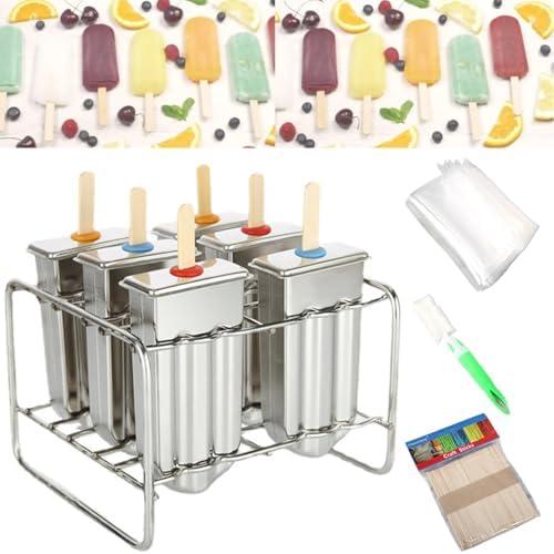 Set of 6 Stainless Steel Popsicle Molds Kit, Metal Popsicle Moulds, Homemade Ice Treat Makerwith 50 Wooden Sticks and 6 Silicone Seals and 20 Pop Bags, Cleaning Brush（semi-circular）