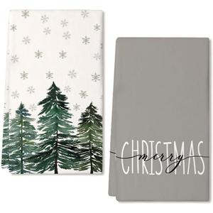 ARKENY Christmas Dish Towels for Christmas Decor Green Xmas Tree Kitchen Towels 18x26 Inch Noel Grey Snowflake Washcloths Seasonal Merry Christmas Hand Towel for Bathroom Set of 2 AD016