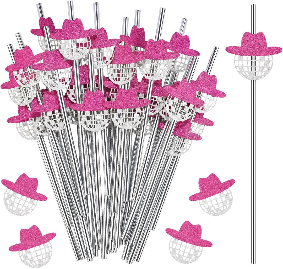 Tanlade 50 Pcs Mini Disco Ball Straws 70s Disco Straws Mirror Glitter Hat Party Decorations for Dance Holiday Wedding Birthday Supplies(Pink)