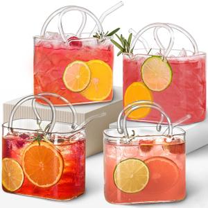 Glass Purse for Drinks Set of 4,26oz Unique Wine Glasses Purse Gifts for Women Party,Fish Bowl Vase,Creative Drinking Glass for Fruit Juice,Tea,Flowers