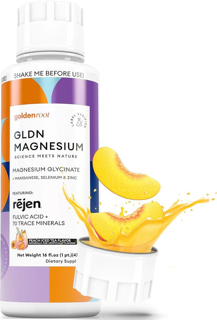 GLDN Magnesium Liquid Syrup - Nighttime Magnesium Glycinate with Rejen Fulvic Acid for Improved Absorption Key Electrolytes and L-Theanine for Sleep and Cortisol Support - Peach Iced Tea (16 fl.oz). BBD: 11/2027