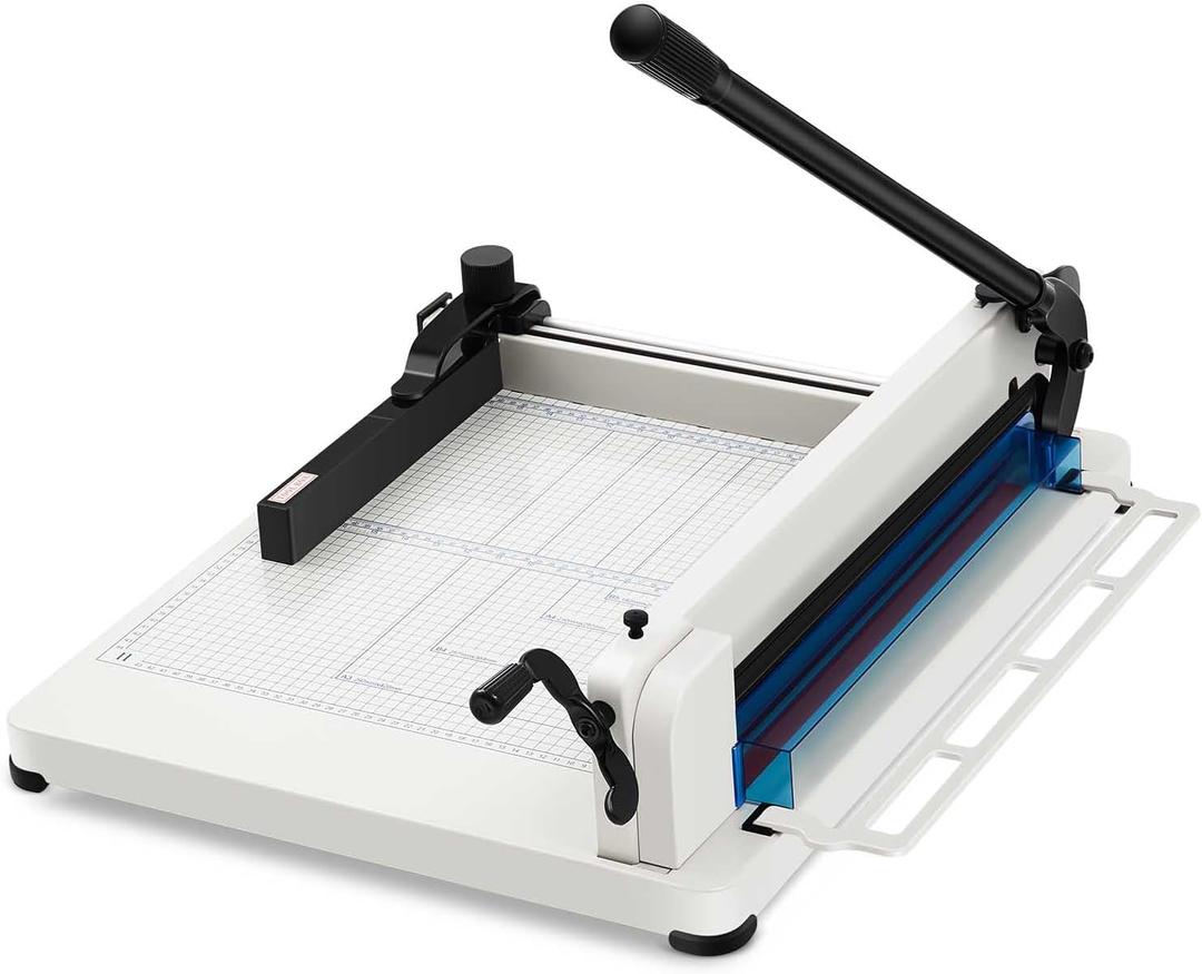 Threlaco 17 Inch A3 Heavy Duty Guillotine Paper Cutter 400 Sheet Capacity Guillotine Paper Cutter Stack Cards Trimmer Solid Steel with Metal Base for Cardstock Leather Office Home School (White)