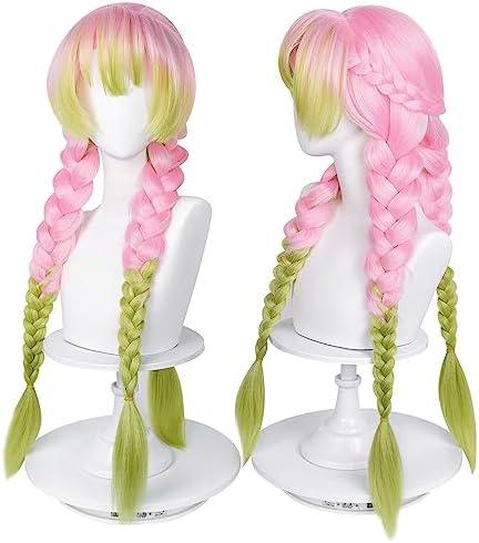 LABEAUTÉ Max Beauty Anime Pink and Green Wig for Mitsuri Cosplay Braided Hair Wig with Pigtails Halloween Party + Cap