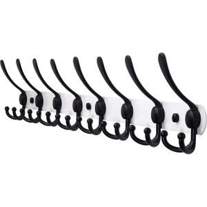 Dseap Coat Rack Wall Mount - 29.5 Long 8-Tri-Hooks Heavy Duty Coat Hanger Rail Wall Hooks for Hanging Coats Hats Clothing Clothes Purse Mudroom Entryway, White & Black