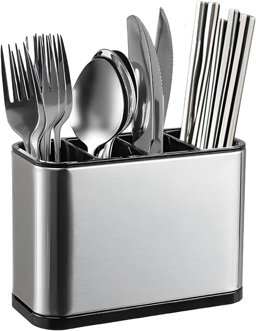 Silverware Organizer, Kitchen Utensil Holder for Counter, Stainless Steel Caddy with 4 Compartments Flatware Spoon Fork Tools Cutlery Holder Silverware Caddy for Utensil HolderSilvery