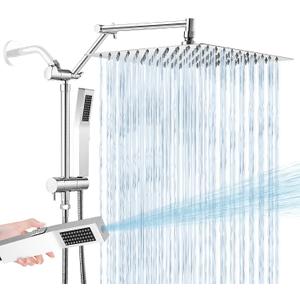 All Metal 12 Inch Rain Shower Head with Handheld Spray Combo, High Pressure Waterfall Rainfall Square Shower Heads with 16" Adjustable Extension Arm, Dual Showerhead with 3-Way Diverter, Chrome