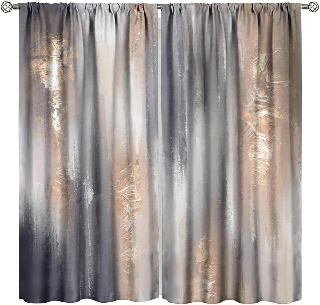 Fashion Gradient Curtains, Modern Urban Art Baroque Golden Grey Brown Painting Strokes Seamless Pattern Window Treatments, Blackout Rod Pocket Drapes For Living Room Bedroom Kitchen Bathroom 42x45in