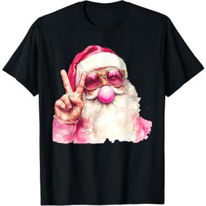 Retro Pink Santa Blowing Bubble Gum Funny Merry Christmas T-Shirt, S