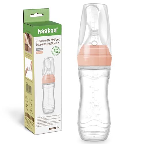 Haakaa Silicone Baby Food Dispensing Spoon Feeder 4oz - Infant Squeeze Cereal Feeder, Baby Fresh Food Feeder, Feed Bottle for Puree, Solid Baby Food, BPA Free, 4m+ Babies – Peach