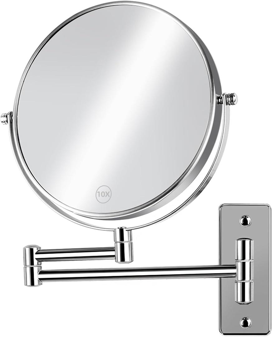 8 inch Wall Mounted Makeup Magnifying Mirror, 1X/10X Double-Sided Wall Mount Shaving Mirror with Extendable Arm, 360 Swivel for Vanity and Bathroom, Chrome FinishNo Light