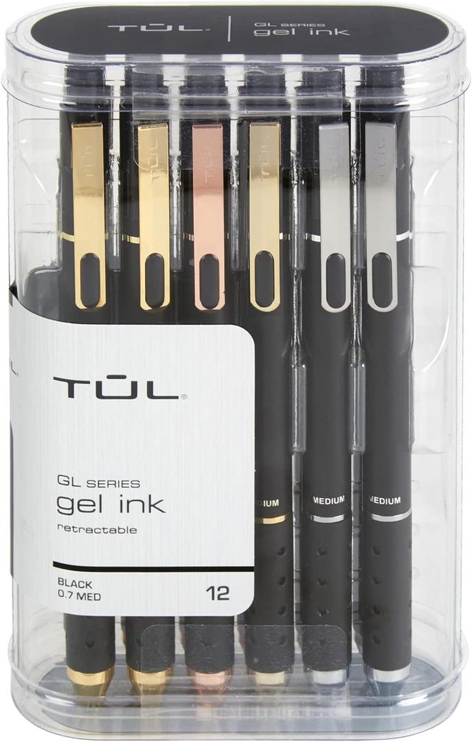 TUL GL Series Retractable Gel Pens, Medium Point, 0.7 mm, Black Barrel, Black Ink, Pack Of 12 Pens