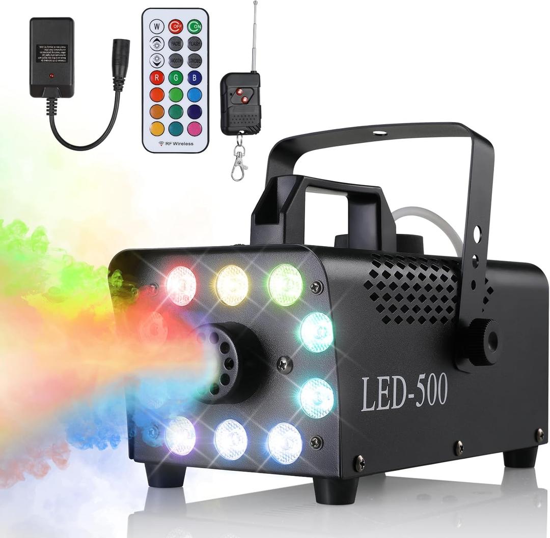 Fog Machine, Smoke Machine with 10 LED,500W, Light 13 Color Lights Effect, Fog with 2 Wireless & 1 Wired Remote Control, for Party, Wedding, Holiday, Stage