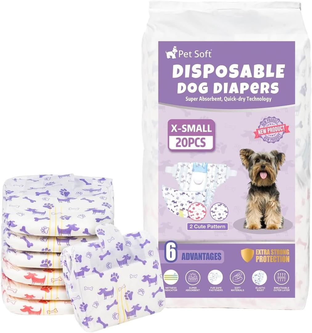 Pet Soft Female Dog Diapers - Disposable Doggie Diapers with Wetness Indicator, Puppy & Cat Diaper Super Absorbent, Fit for Female Dog in Heat or Incontinence, 20pcs (XS, Mixed)