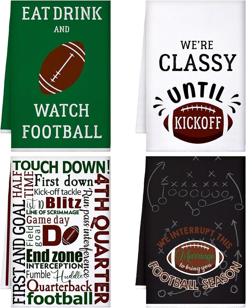 Mixweer Set of 4 Football Kitchen Decorative Towels Football Dish Cloths Absorbent Chic Color Hand Towels Tea Dish Washcloths for Cooking Baking Housewarming Gift