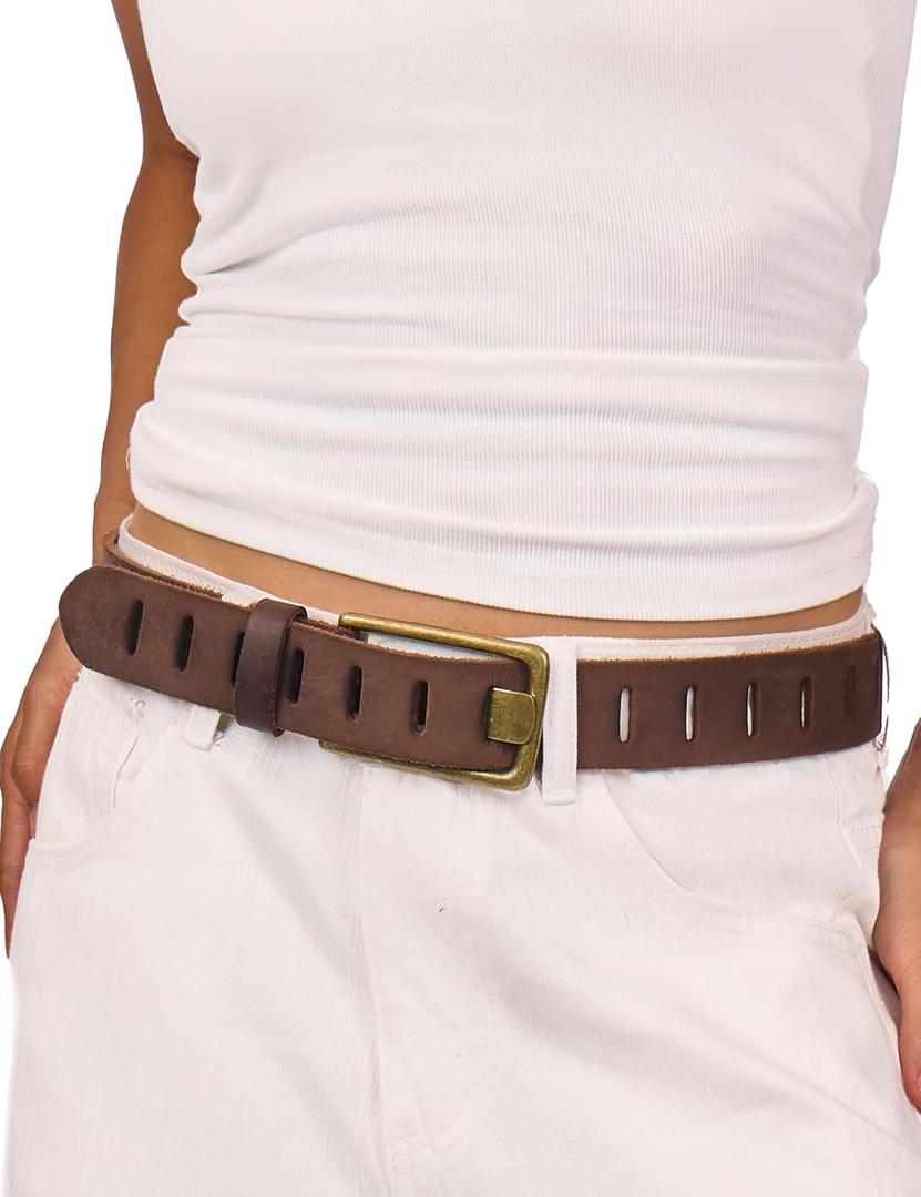 Womens Genuine Leather Belt for Jeans Pants Width 1.57" Western Cowgirl Wide Belts for Ladies with Gift Box (L: Fit for Low Waist 36"-40", Brown)