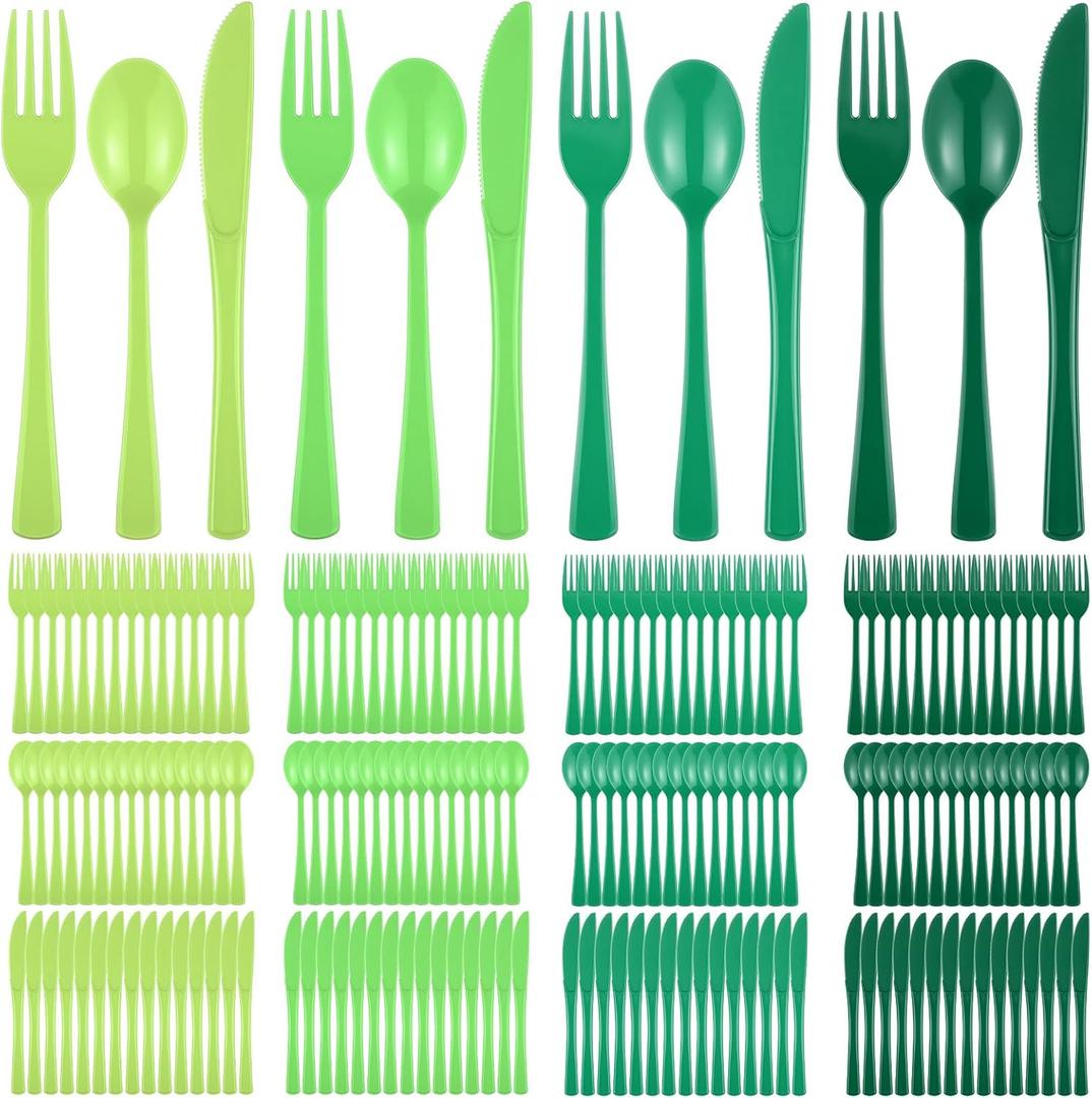 Minatee 180 Pcs Green Plastic Silverware Heavy Duty Cutlery Sets Disposable Utensils for Holiday Birthday Themed Party Supplies, 60 of Each Forks Knives Spoons